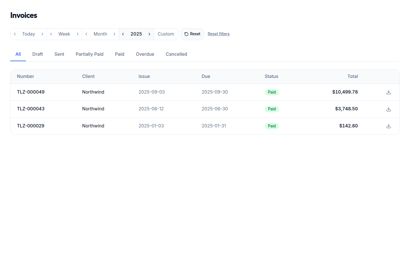 Invoices table with numbers, dates, status, and totals